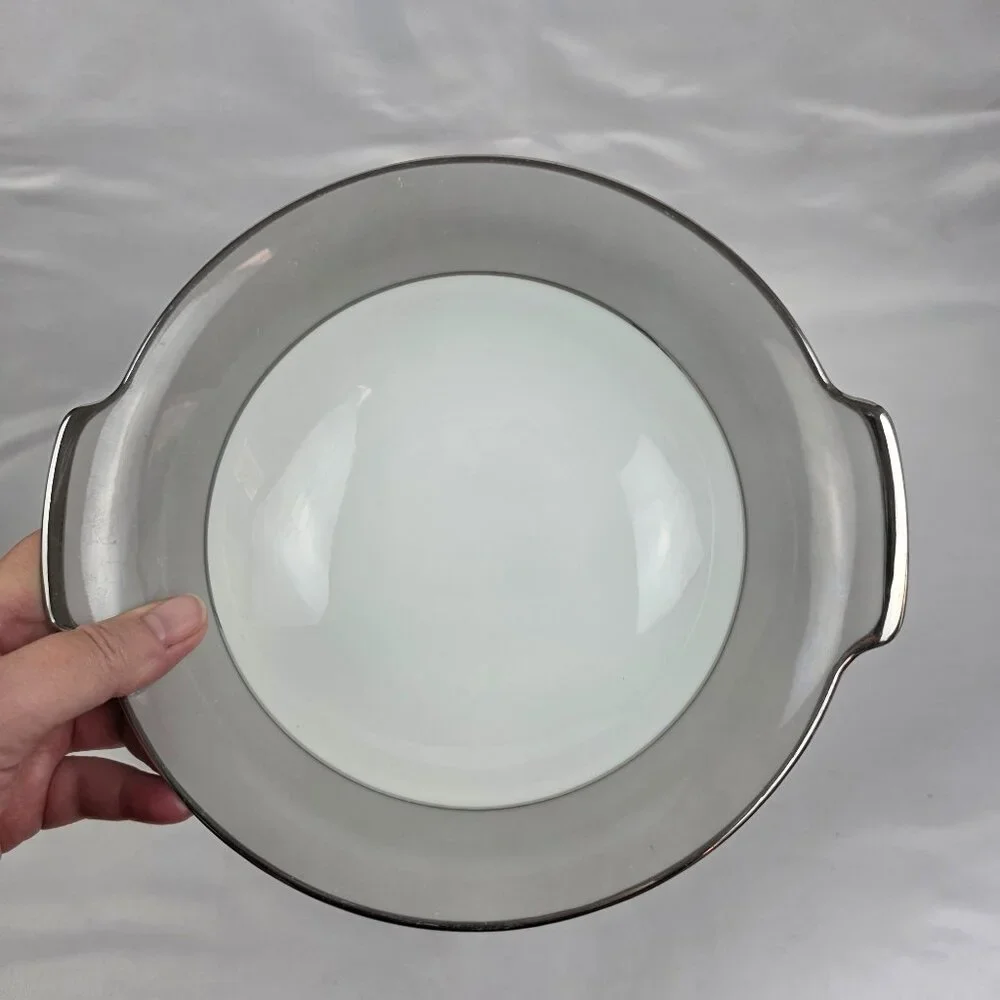 Sango Plantina Round Serving Bowl 9 Inch White with Gray Band & Platinum Trim